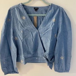 J. Crew Chambray Wrap Top in Star Print Blue. Size Large. NWT.